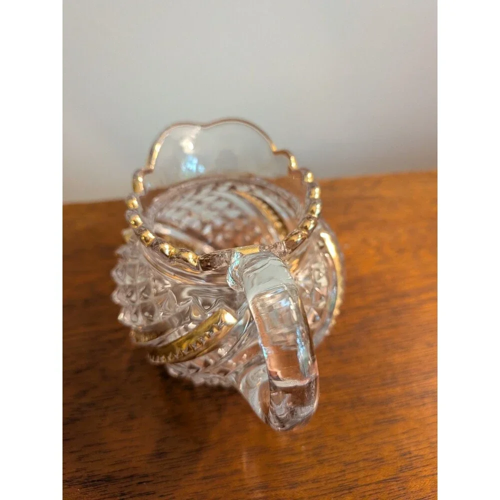 Brilliant Cut Glass/Crystal Creamer Vtg Gold Diamond Star Pattern Scalloped